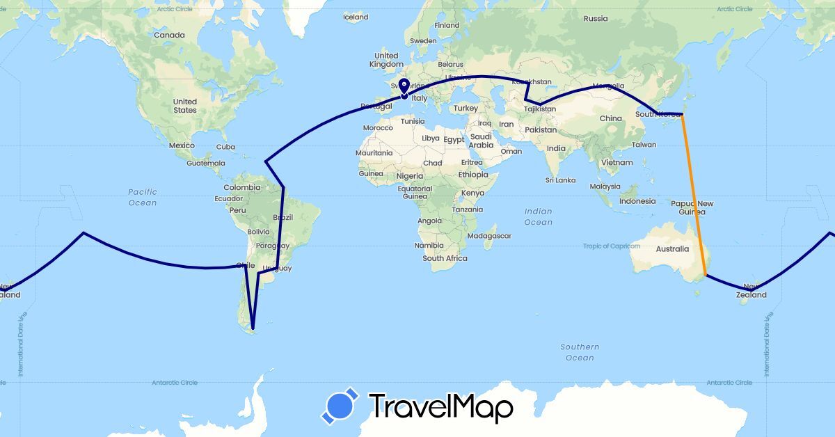 TravelMap itinerary: driving, hitchhiking in Argentina, Australia, Chile, France, Japan, South Korea, Monaco, Mongolia, New Zealand, Portugal, Uruguay (Asia, Europe, Oceania, South America)