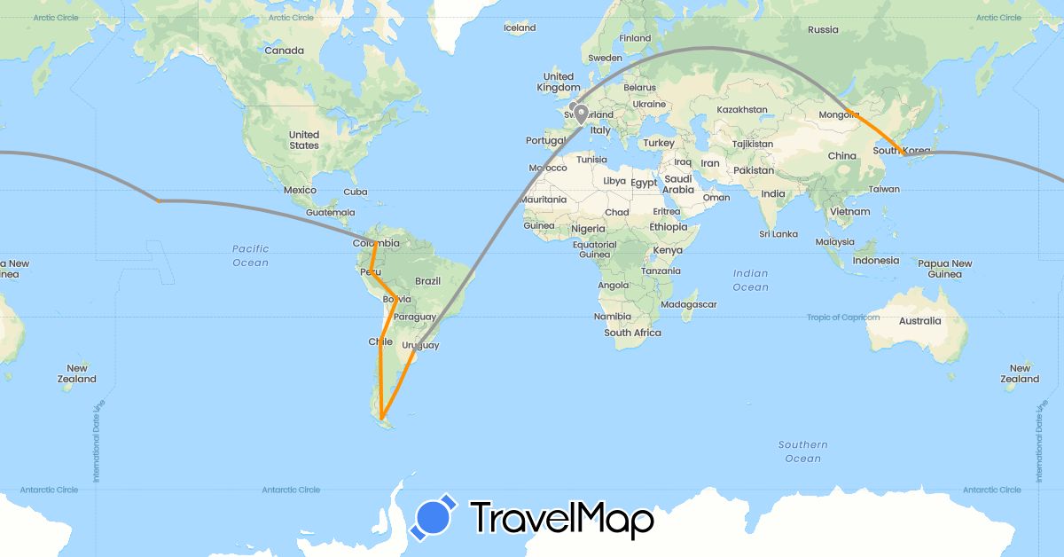 TravelMap itinerary: driving, plane, hitchhiking in Argentina, Bolivia, Chile, Colombia, France, South Korea, Mongolia, United States (Asia, Europe, North America, South America)
