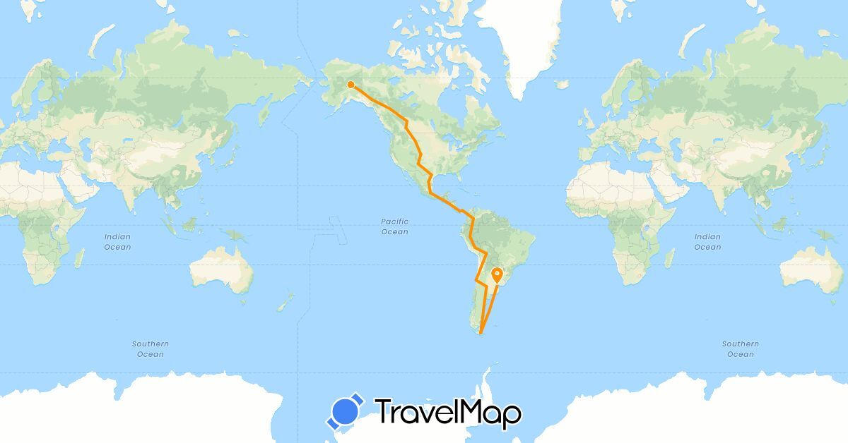 TravelMap itinerary: driving, hitchhiking in Argentina, Bolivia, Canada, Chile, Colombia, Mexico, Panama, Peru, El Salvador, United States (North America, South America)